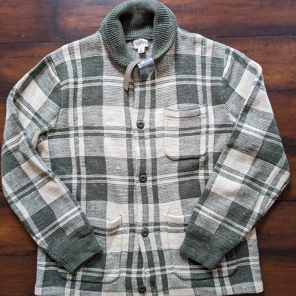 NWT J.Crew Cotton Knit Chore Jacket (Hthr Cool Cypress Green Plaid) - MEDIUM